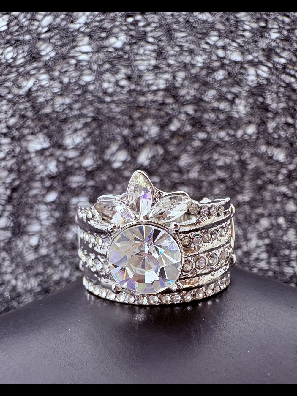 Silver-Tone Crystal Statement Ring with Clear Multi-Cut Stones